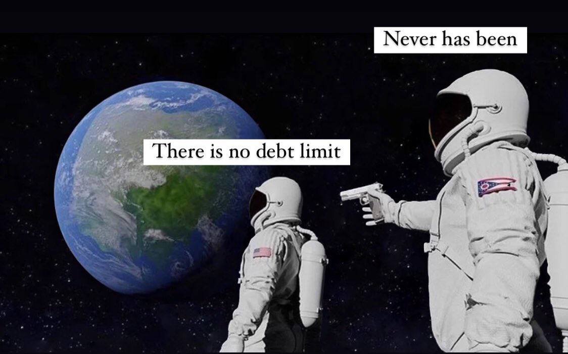 WallStreetMav's tweet photo. It is all a fake drama.

1) Congress will raise the debt ceiling and deficit spend trillions of $$$ per year more than they collect in taxes.

2) US Treasury will sell unlimited amount of debt to cover the spending.

3) The Fed will eventually buy it all with yield curve control. https://t.co/INLUADhIqA