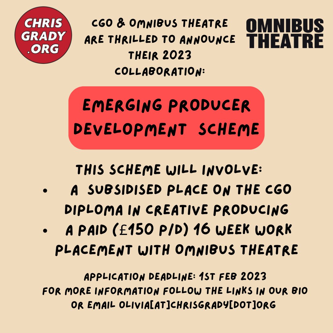 🚨 ATTENTION! CGO have yet another exciting announcement … 

🤩 We will be working with <a href="/OmnibusTheatre/">Omnibus Theatre</a>  to run another emerging producer scheme! 

🔗 chrisgrady.org/diploma-and-pl…