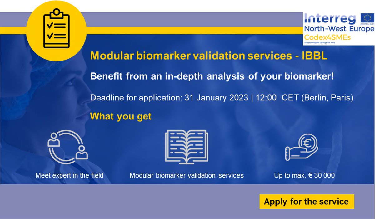flandersbio's tweet image. Benefit from an in-depth analysis of #biomarkers by applying for research support on modular #biomarkervalidation services by IBBL (Integrated BioBank of Luxembourg). bit.ly/3HiorEE 
📆 Deadline for application: 31 January 2023 | 12:00 CET
