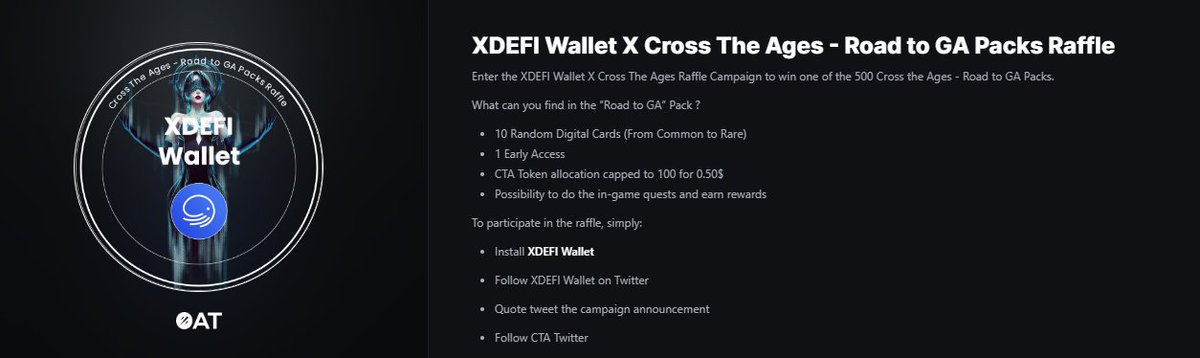Ctrl_Wallet's tweet photo. We are giving away 500 "Road to GA” packs together with @CrossTheAges

The packs include:

• 10 Random Digital Cards
• 1 Early Access
• CTA Token allocation capped to 100 for 0.50$
• Possibility to do the in-game quests and earn rewards

Join now: https://t.co/lY0VFp2KPC https://t.co/jn6V14XEtO