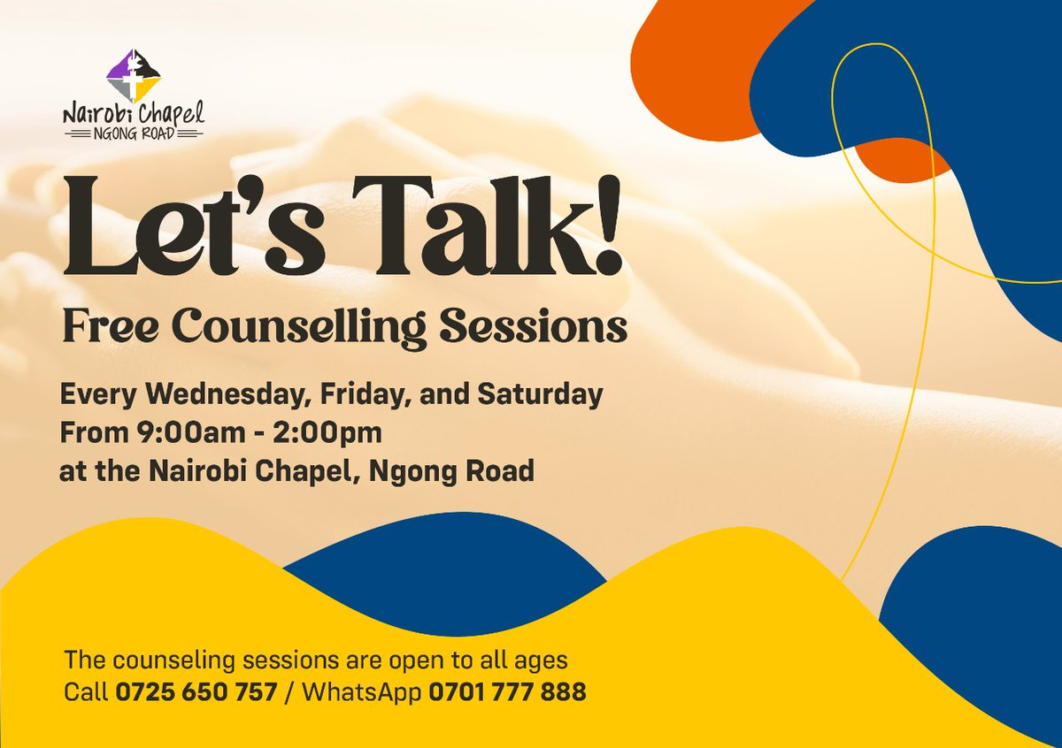 AseriNelson's tweet image. Life is not linear; it sometimes can throw you a curveball that leaves you reeling. 

If you need someone to speak to, we have professional #counseling at our Ngong Road campus every Wed, Fri &amp;amp; Sat. 
Come by - you don’t have to walk alone. 

#MentalHealth #GrowingDeepToReachWide