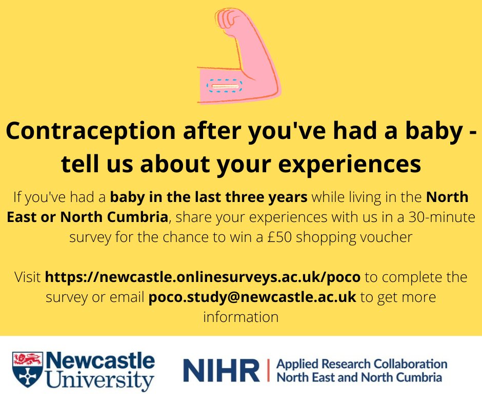 Have you had a baby in the last three years in the North East or North Cumbria? Tell us about your postnatal contraception experiences by completing an online survey for the chance to win a £50 shopping voucher.

newcastle.onlinesurveys.ac.uk/poco