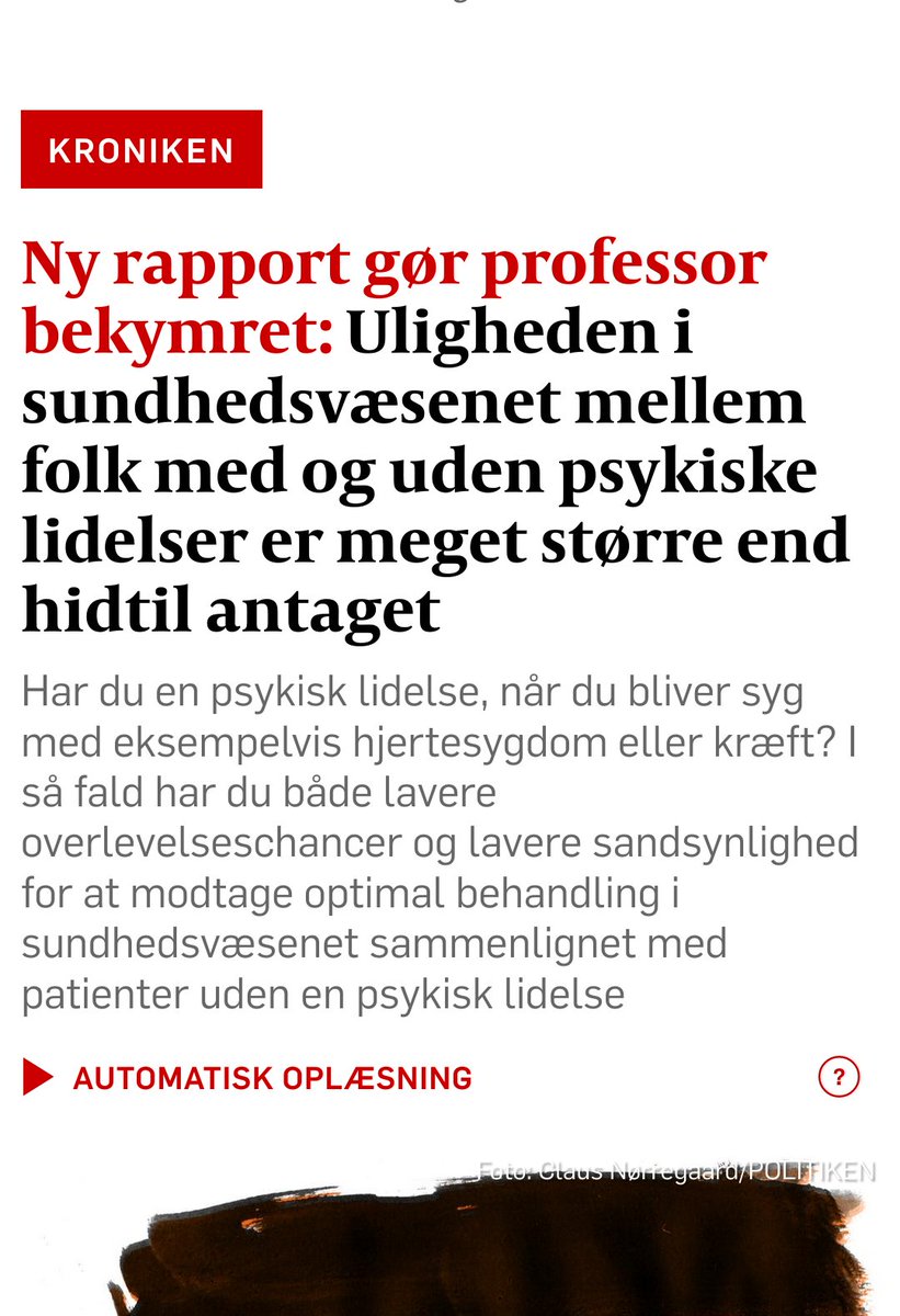 At #ulighed i sundhed har den største slagside til mennesker med psykiske lidelser er desværre ikke nyt, men absolut ikke mindre alvorligt af den grund. Håber #dkpol holder løftet om fuld finansiering af #psykiatriplan❗