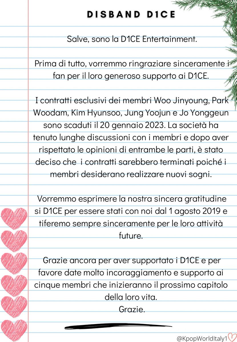 kpopWorldItaly1's tweet image. DISBAND: La D1CE Ent annuncia che il loro boy group D1CE si è ufficialmente sciolto dopo 4 anni.
I ragazzi hanno deciso di non rinnovare i loro contratti e intraprendere un nuovo inizio.

La dichiarazione è stata condivisa sul loro fancafe ufficiale.
#D1CE #DISBAND #KPOP #Don1y⬇️