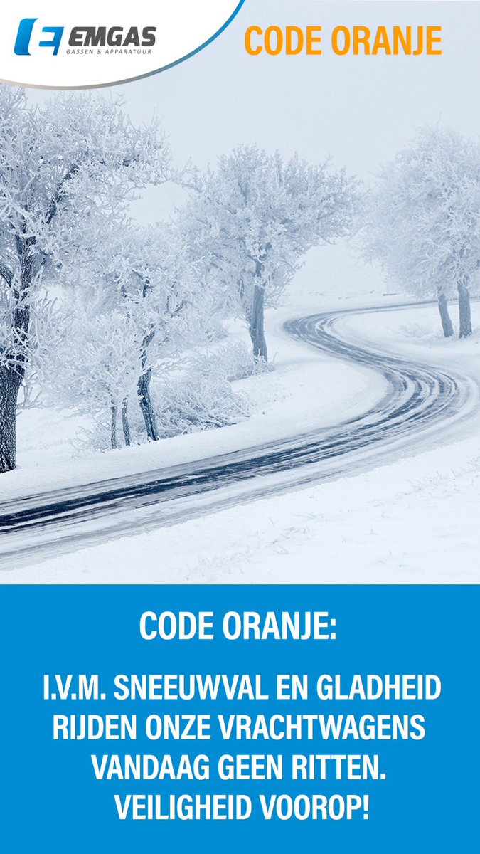 EmgasBV's tweet photo. I.v.m. met 🌨️sneeuwval en gladheid rijden onze 🚚vrachtwagens vandaag geen ritten! Veiligheid voorop! 
#codeoranje #logistiek #sneeuw #emgas #gladheid https://t.co/IdoCk8n6vg