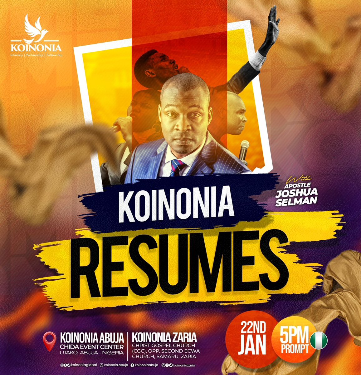 koinoniazaria's tweet image. KOINONIA IS BACK! 

It’s 2023 and it’s our year of “Open Doors”.

We are delighted to announce to you that KOINONIA resumes for the year 2023 this Sunday 22nd January at our Zaria and Abuja centers by 5pm WAT. Do join us onsite or connect with us online via our media platforms.