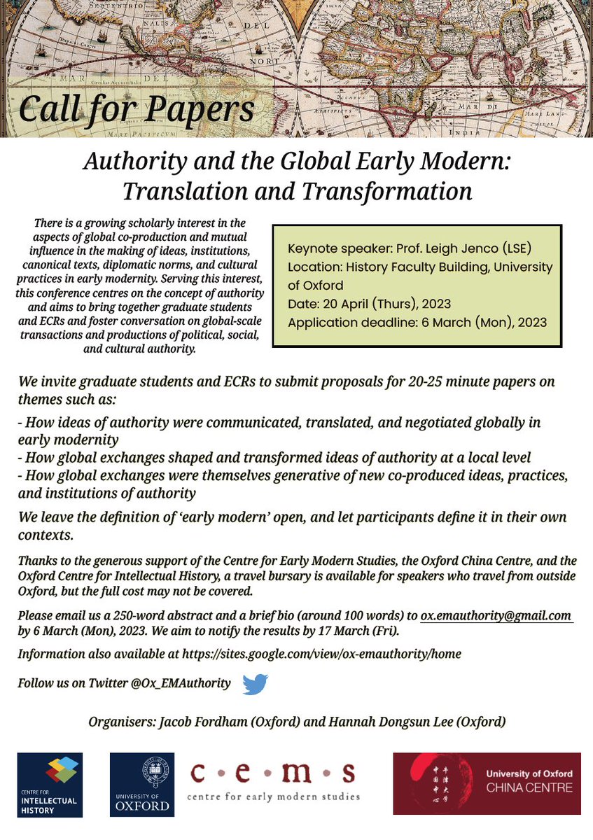 📢CALL FOR PAPERS📢

We're excited to hear from postgrads/ECRs working on authority in the global early modern!

📅Deadline 6th March

📍Conference 20th April @OxfordHistory

👉 bit.ly/3D0VGdl

@OxfordCIH @OxfordCEMS @ox_chinacentre 

#earlymodern #globalhistory