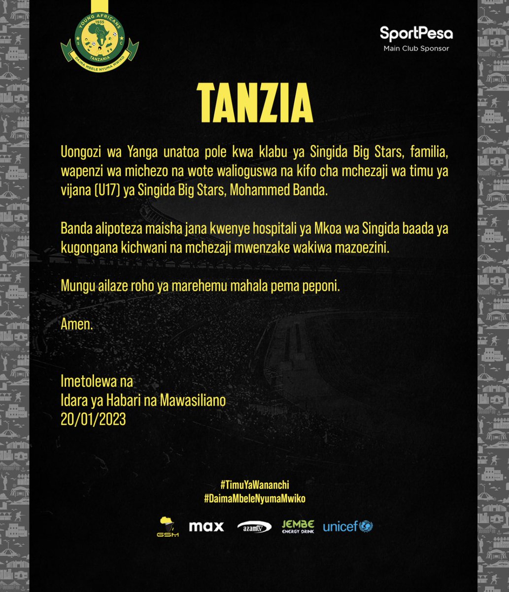 YoungAfricansSC's tweet photo. 𝗧𝗔𝗡𝗭𝗜𝗔

#TimuYaWananchi 
#DaimaMbeleNyumaMwiko https://t.co/g1XbieJPY0