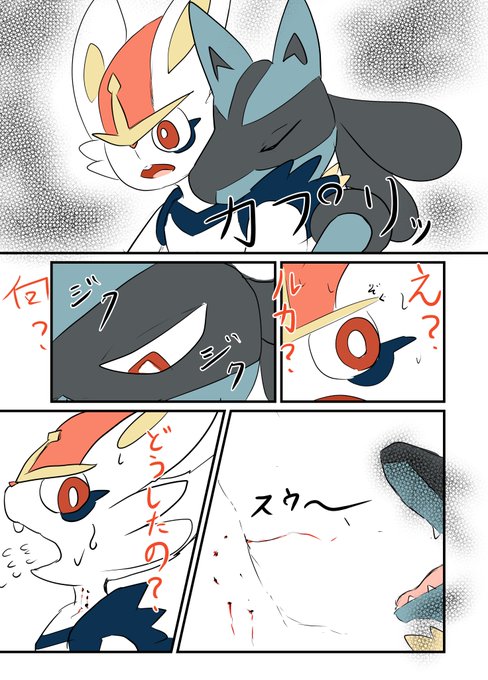 お互いにかみつきマーキングをしているルカエスを妄想しているルカリオの4P漫画 