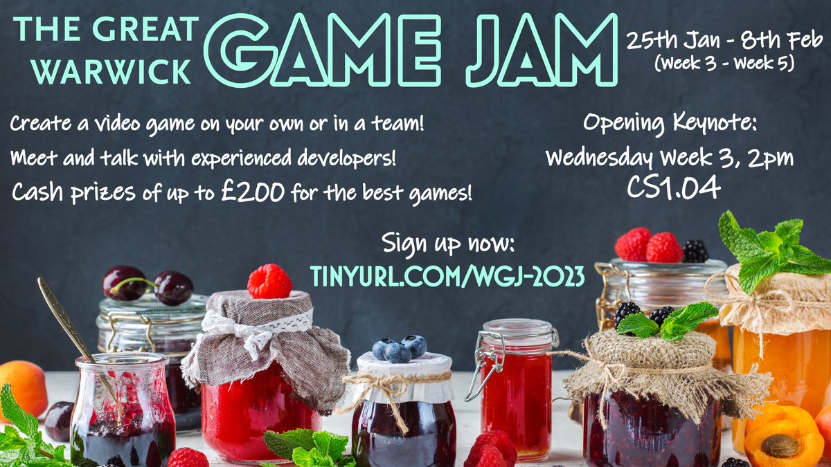 The DCS Game Jam kicks off on Weds 25th Jan, open to all Warwick students, with a chance to win cash prizes. For full details, click here: tinyurl.com/wgj-2023.