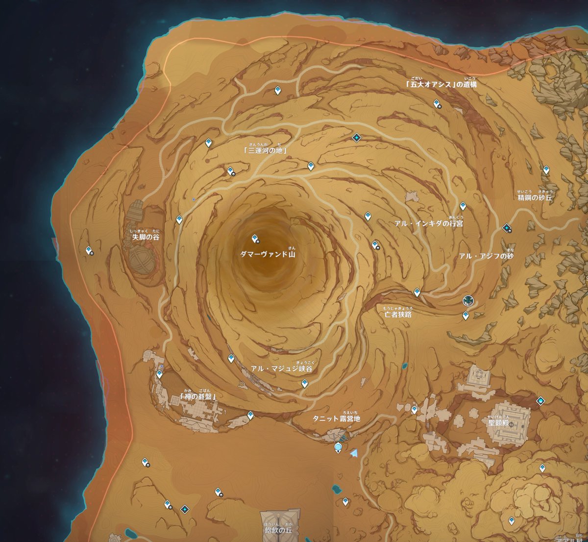「スメールマップの新エリア千尋の砂漠の全体図マップ画像を更新しました世界任務「ビル」|原神攻略@Game8のイラスト