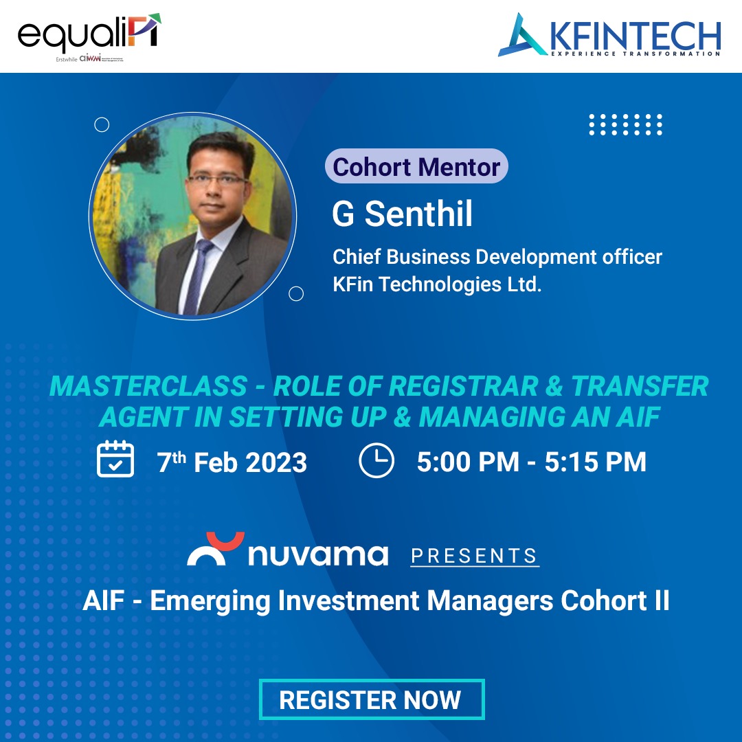 weKFintech's tweet photo. Join us for an exclusive masterclass on the role of Registrar &amp; Transfer Agent in setting up and managing an AIF. 

@Equalifi 

#KFintech #ExperienceTransformation #DigitalTransformation #Equalifi #Cohort #RTA #AIF #Insights #AlternativeFunds #FundManagers #InvestmentManagers https://t.co/xqBGHxpAA0