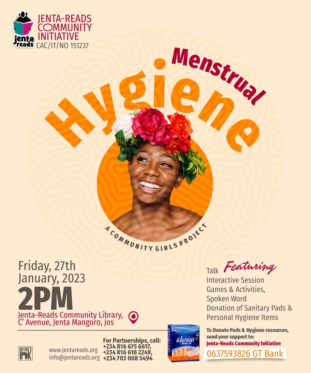 JentaReads's tweet photo. Menstruation is not a problem; poor menstrual hygiene is.
Join us as we provide free menstrual hygiene education and kits to young girls in our community.
You can also support the project. See flyers for details.
#MentrualHygiene #GirlsProject #JentaReads #JentaDares https://t.co/CeIDQHPUbj