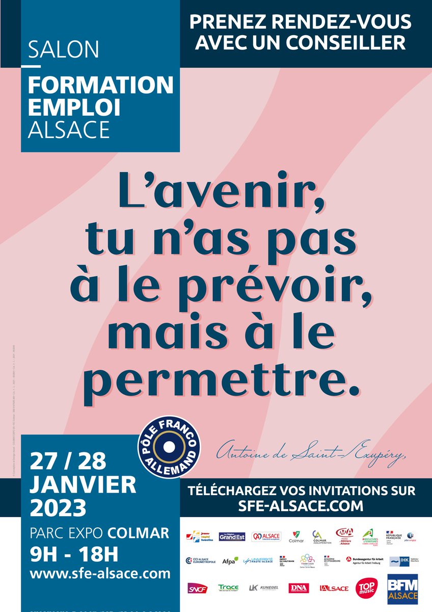 🗓 #SavetheDate ➡ du 27 au 28/01, Retrouvez les équipes de @poleemploi_GE #HautRhin et tous nos partenaires au Salon Formation Emploi Alsace <a href="/SFEAlsace/">SFEAlsace</a> à #Colmar 👍