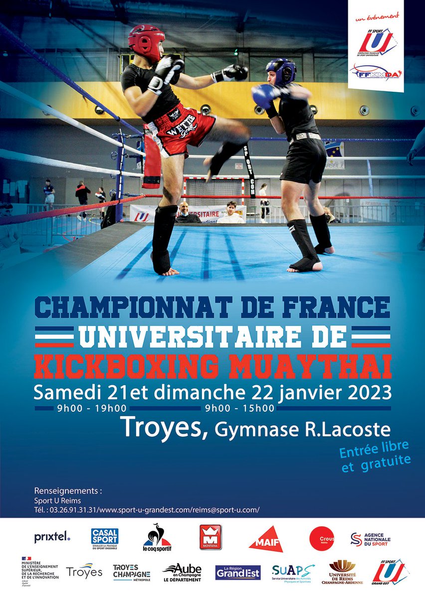 ffkmda's tweet photo. En partenariat avec la @FFSportU, la #FFKMDA organisera le Championnat de France universitaire de #Kickboxing et #Muaythai ce week-end, les 21 et 22 janvier à @VilledeTroyes 🥊
Entrée libre.
@Sports_gouv
@Agence_du_Sport
@sup_recherche https://t.co/1HYOSXNW2g