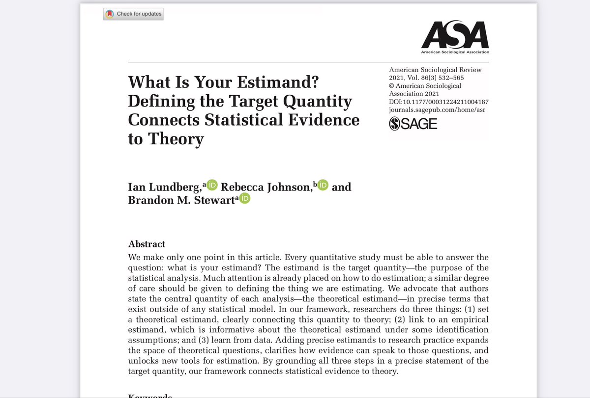 soboleffspaces's tweet image. If ‘estimands’ and ‘counterfactuals’ are part of your definition of research design, then you may find this comprehensive paper interesting @IanLundberg1 
#causalinference #causaltwitter
