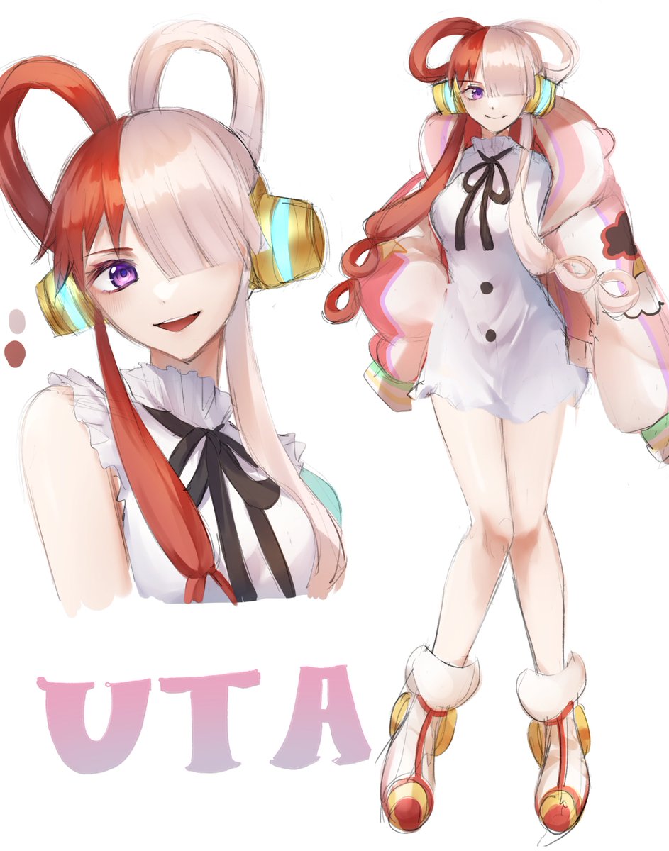 1girl purple eyes white dress hair over one eye red hair dress headphones  illustration images