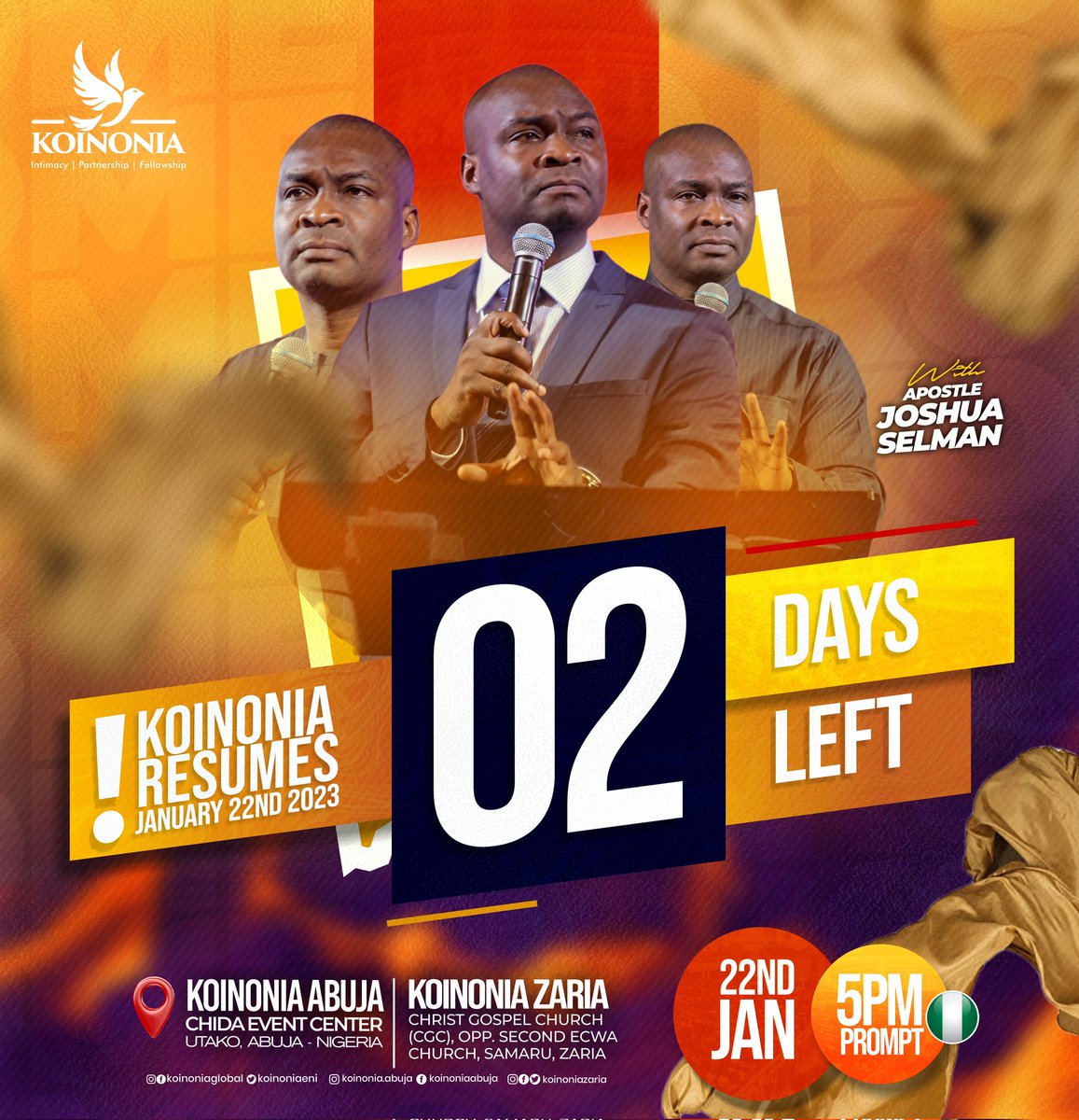 koinoniaeni's tweet image. It's 2 more days to go!!!

We will be delighted to have you fellowship with us this Sunday for the first service of the year 2023.

Koinonia resumes on the 22nd of January for our Zaria and Abuja centres respectively.