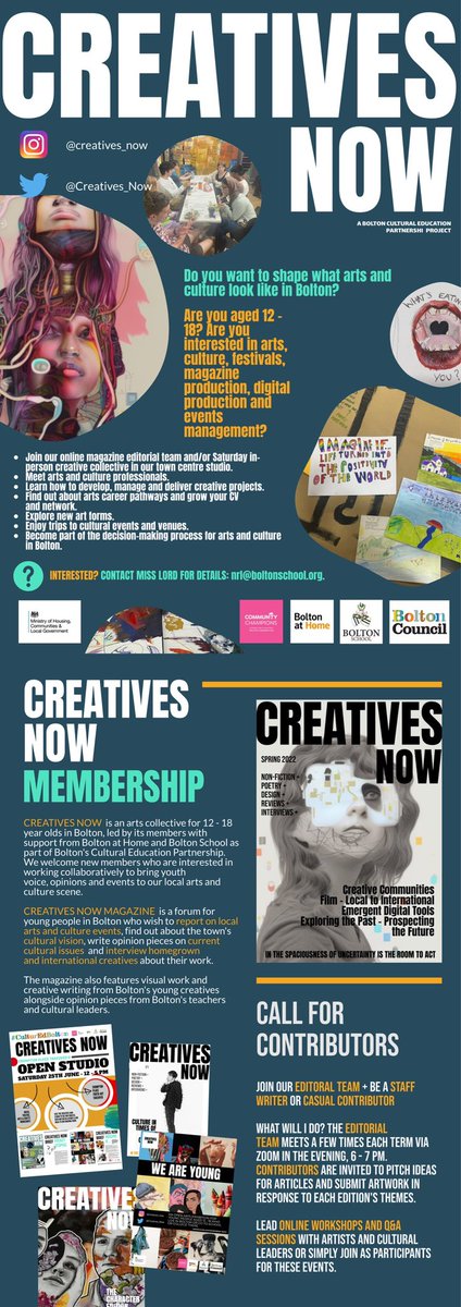 CulturEdBolton's tweet photo. 👀 New offers from @Creatives_Now to share with pupils 12-18 + magazine invite for youth-led cultural magazine. boltoncollegeva @tsc_art @art @ArtsEssa @Eng_CanonSlade @BSGDEnglish @BSBDEnglishDept @Thornleigh_Eng @TurtonSchool @official_BSCA @bbyc_ymps @RBHSBolton Please share! https://t.co/AAG2WoVMI6