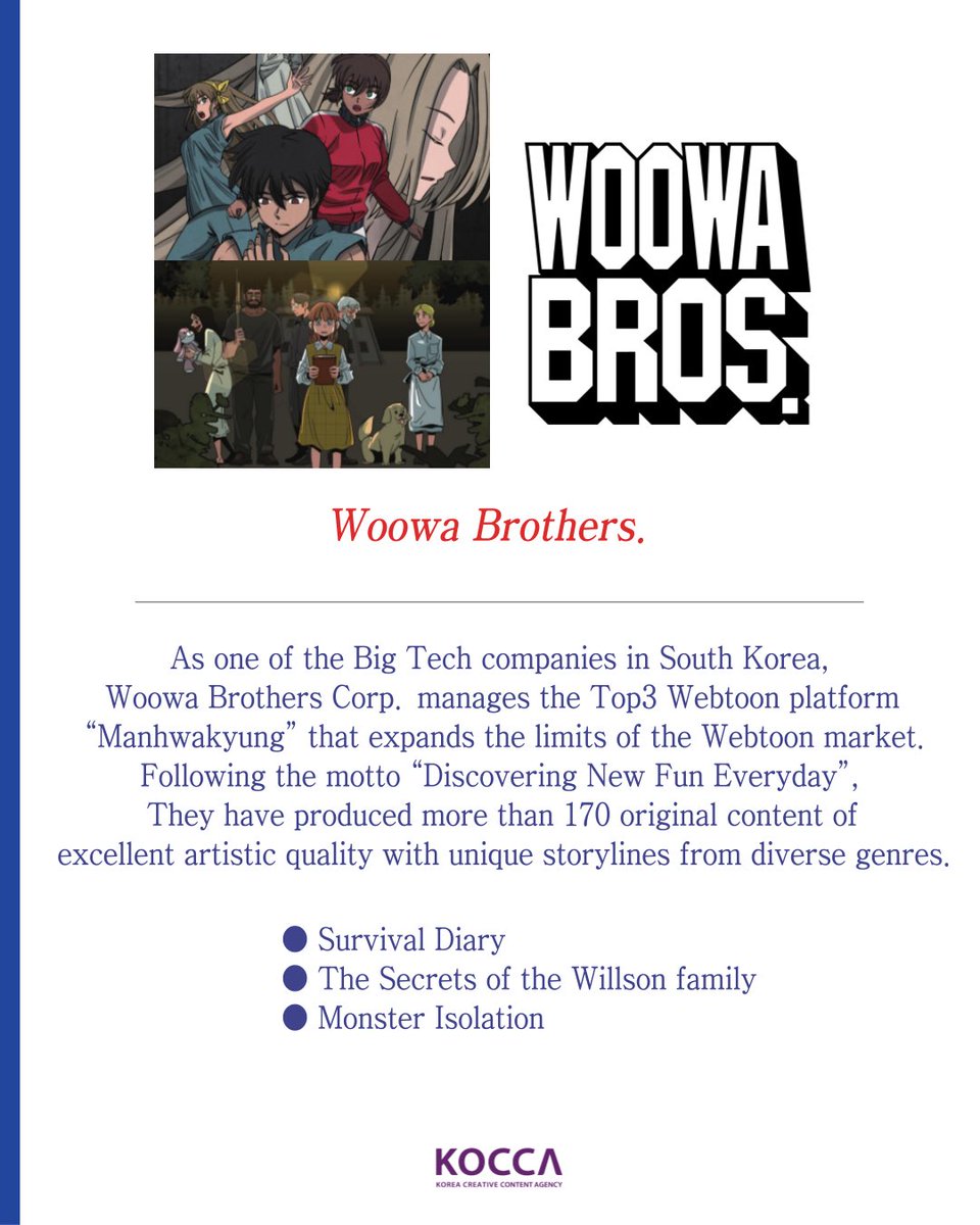 KoccaEU's tweet photo. « 2023 K-Comics in Europe » @ Angoulême

KOCCA would like to introduce the final publisher entering K-comics in Europe @ Angoulême; Woowa Brothers.

Woowa Brothers Corp. manages a Webtoon platform “Manhwakyung” that expands the limits of the Webtoon market.

#kcomics #webtoon https://t.co/SQtQuWCINo