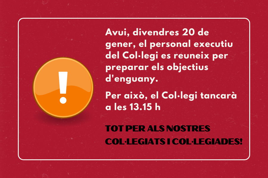 ⚠️ Important!
L'equip executiu del #CAFBL es reunirà avui per preparar els objectius d'aquest 2023, per aquest motiu, necessitem tancar el Col·legi a les 13.15 h. 

Treballem per oferir el millor servei als nostres #AFcol·legiats! 💪