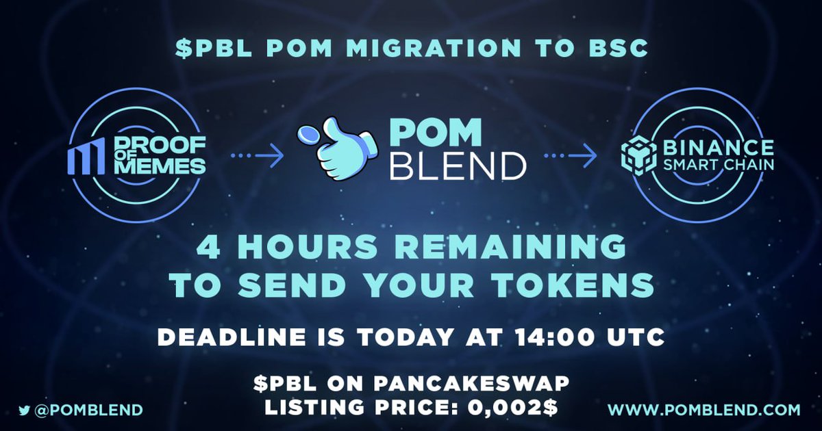 Hello Pomblend family! Today at 14:00 UTC is the deadline to send your tokens to participate in the migration to #BSC! 🔥 To receive your $POM tokens in #BSC, send your current tokens to the following address: 0x830b5B03cB422dcce115518688C967786a59C242