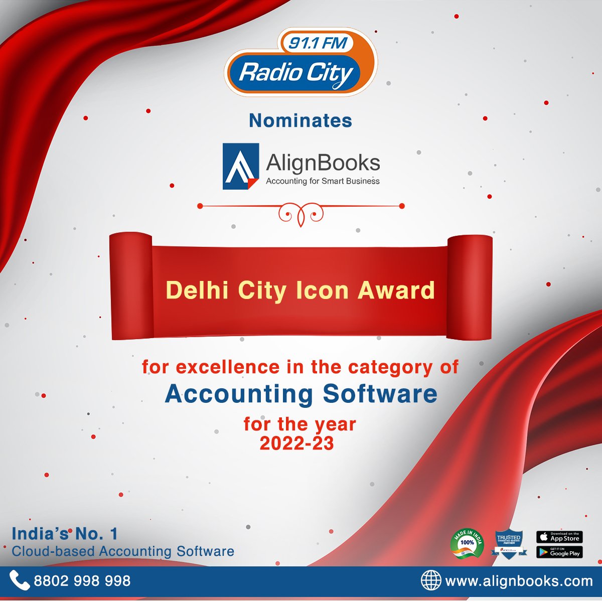 align_books's tweet photo. Aligning your books to perfection!
#AlignBooks is nominated by @RadioCity for the Delhi City Icon Awards for Excellence in the #Accounting #Software Category for 2022-23!
#alignwithalignbooks #onlyonalignbooks #delhicity #iconaward #bestaccountingsoftware #business #msme #erp https://t.co/lAmKHQxQpT