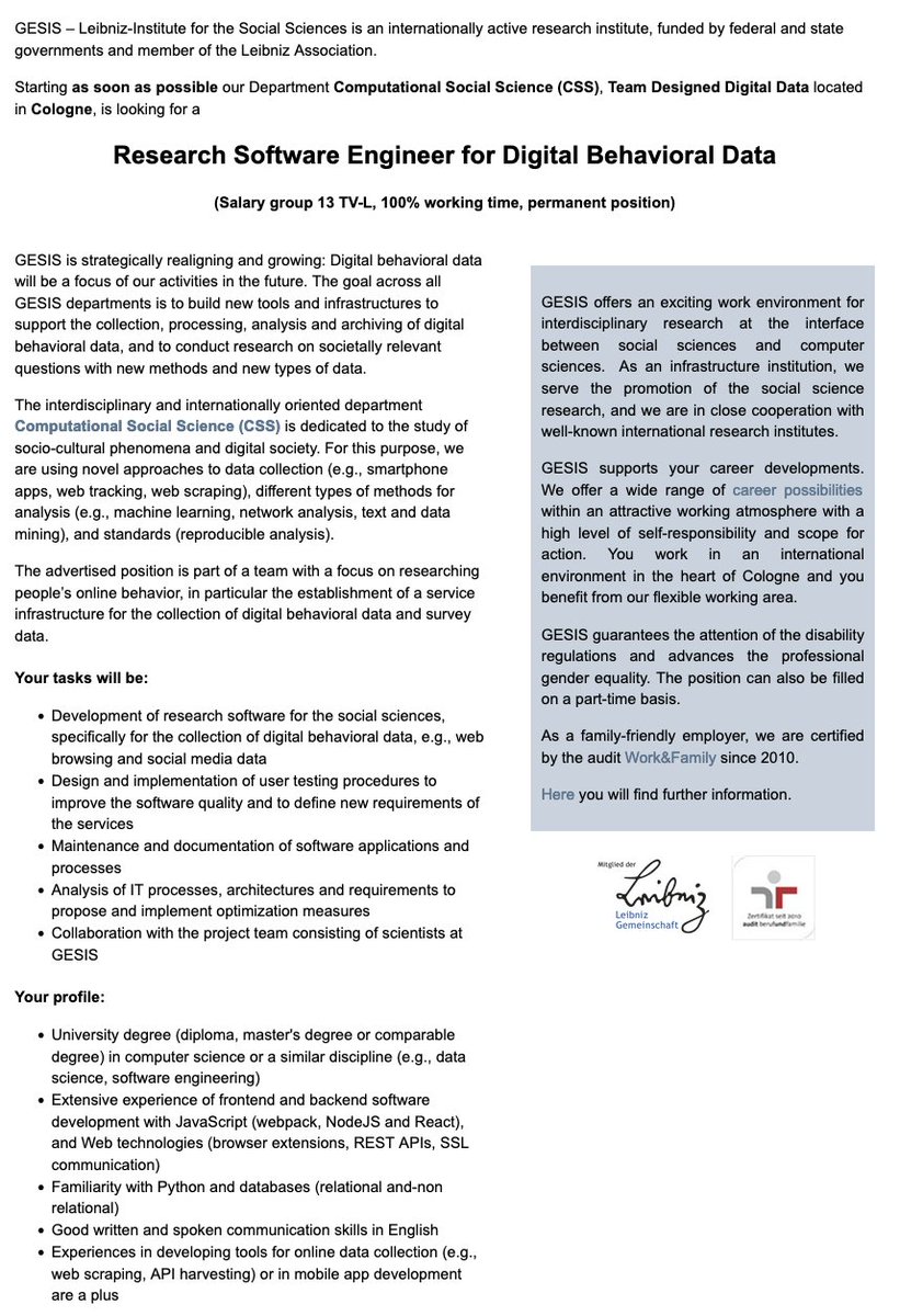 Sebastian Stier (@sebstier) on Twitter photo 🚨Job ad🚨
Join our team <a href="/gesis_org/">GESIS @gesisorg.bsky.social</a> as an engineer and work on cutting-edge infrastructure for digital behavioral data.
Permanent position & detailed onboarding. Anyone with related #datascience skills can apply, independent of disciplinary background.
hidden-professionals.de/HPv3.Jobs/gesi… 🚨Job ad🚨
Join our team <a href="/gesis_org/">GESIS @gesisorg.bsky.social</a> as an engineer and work on cutting-edge infrastructure for digital behavioral data.
Permanent position & detailed onboarding. Anyone with related #datascience skills can apply, independent of disciplinary background.
hidden-professionals.de/HPv3.Jobs/gesi…