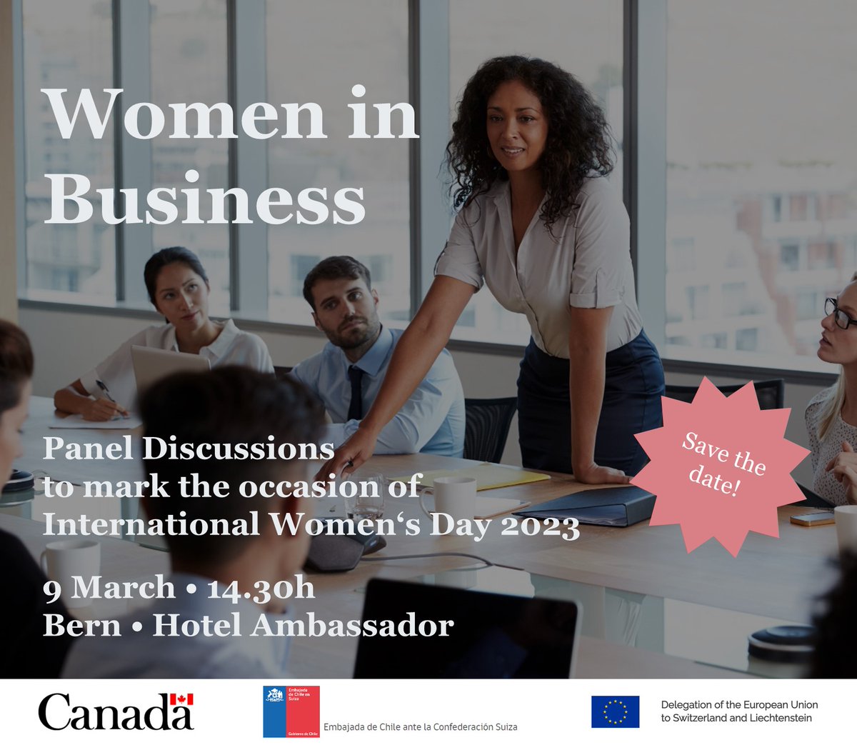 For #InternationalWomensDay 2023,<a href="/EUinSwitzerland/">EU-Delegation Berne</a> is hosting a joint event with <a href="/CanSwitzerland/">Canada Switzerland</a> &amp; <a href="/EmbaChile_Suiza/">Embajada de Chile en Suiza y Liechtenstein</a> with high level speakers from business, diplomacy and academia to discuss gender equality in business and different approaches in🇨🇦🇨🇱🇪🇺
Join us on 9 March! #IWD2023
