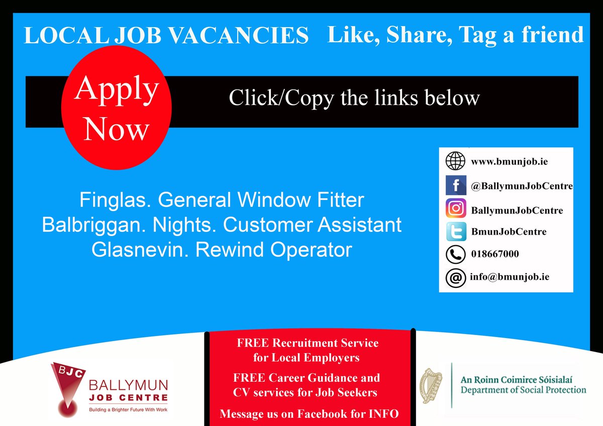 👉 Visit us at: Bmunjob.ie

Vacancies #bjc #jobfairy #dublinjob
Finglas. General Window Fitter
is.gd/RG6yVN 
Balbriggan. Nights. Customer Assistant
roi.tesco-careers.com/jobdetails/785… 
Glasnevin. Rewind Operator
is.gd/dhaCl2