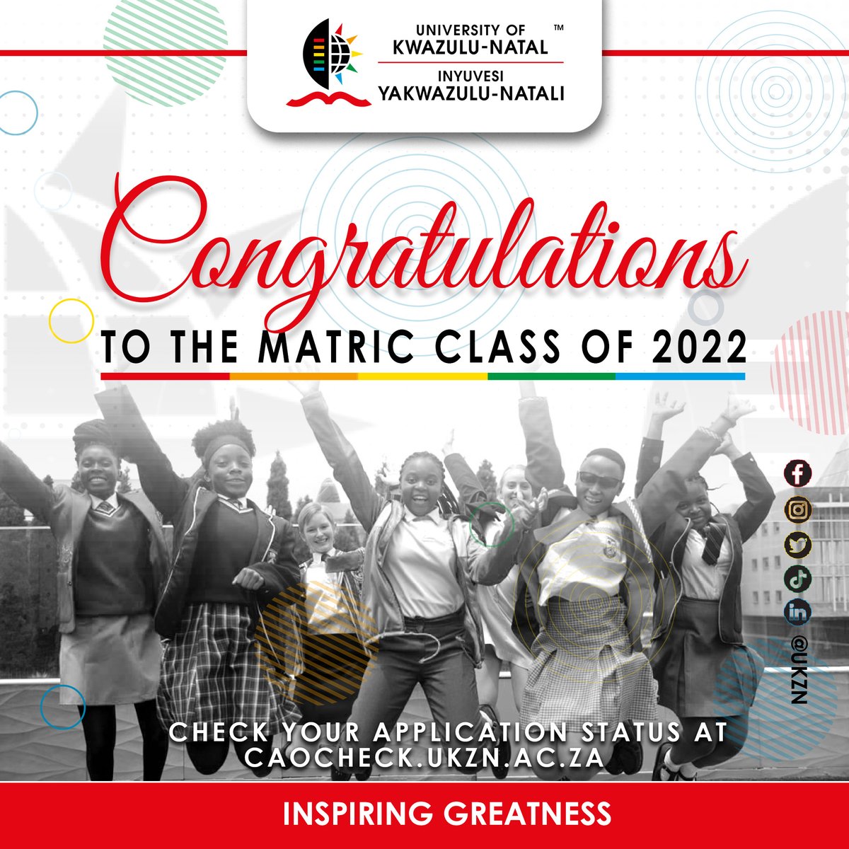 UKZN's tweet photo. Wishing the matric class of 2022 a big congratulations from UKZN. https://t.co/4vD6qWdx5N