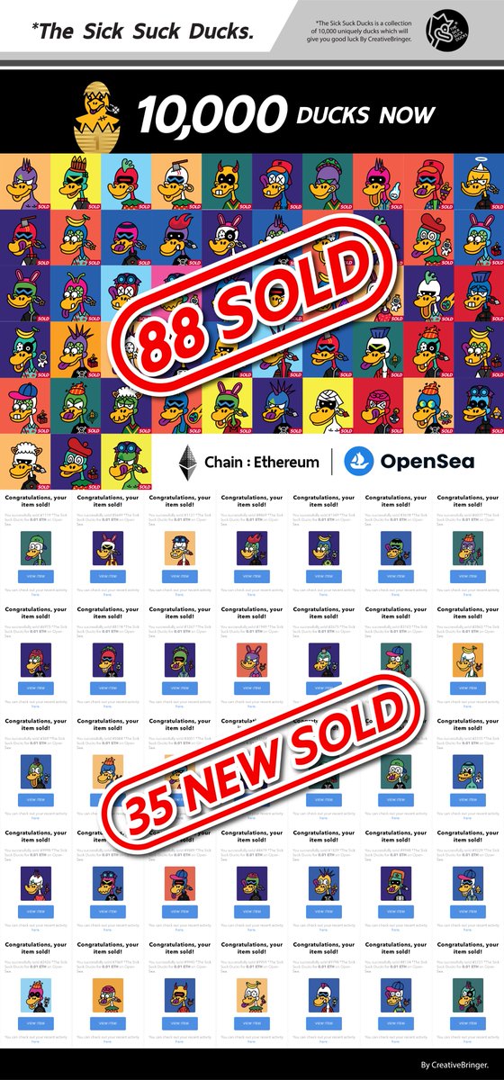 creativebringer's tweet image. 🇹🇭10,000 Ducks Now   🇹🇭
🍀Thanks For All Support🍀
🐣The Sick Suck Ducks🐤
  🚀🚀0.01 ETH 🚀🚀
🔥🔥🔥Hottt🔥🔥🔥
opensea.io/collection/the…
😍😍😍😍😍😍😍😍😍😍😍😍😍😍
🐥🐥🐥🐥🐥🐥🐥🐥🐥🐥🐥🐥🐥