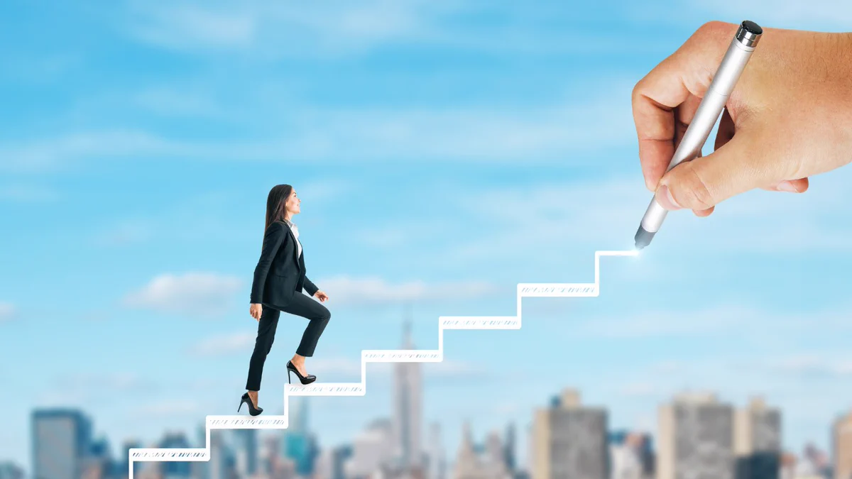 Businesswoman climbs an incomplete set of stairs, drawn in mid-air.