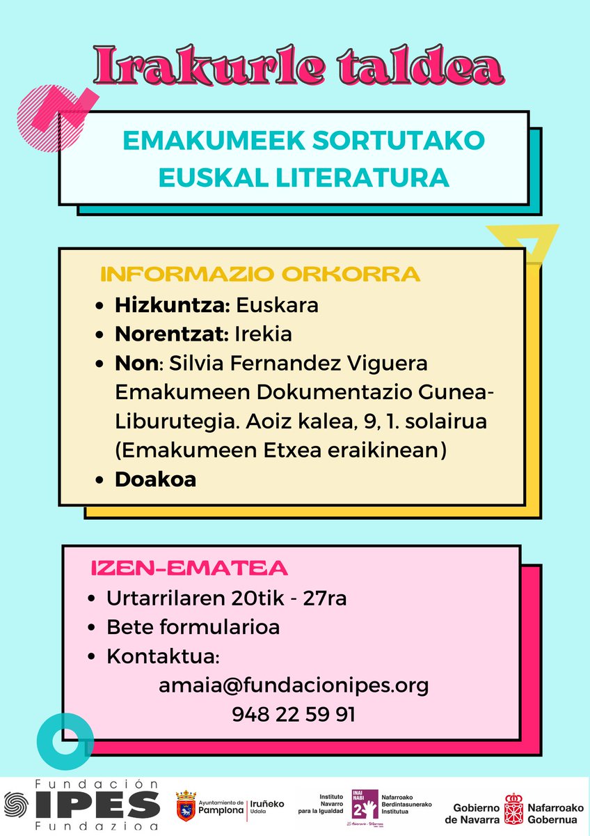IPESEmakumeak's tweet photo. Irakurle taldea euskaraz
Koordinatzailea: Inez Castiella Imaz
#AntxineMendizabal #ItxaroBorda #EiderRodriguez #MirenAmuriza
Apuntatu urtarrilaren 27ra arte hemen: https://t.co/DP6wUop3AZ
Plaza mugatuak, ez galdu aukera!
#ipes #emakumeidazleak @igualdad_na @Pamplonacultura https://t.co/WZZDPJcI51