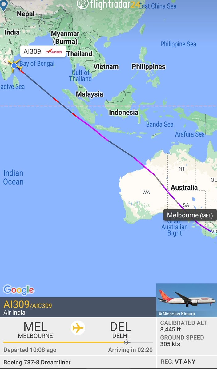 ChennaiFlights's tweet photo. #Melbourne to #Chennai: @airindiain's B788 with call sign AI309 registered as VT-ANY is diverting to @aaichnairport currently.
Track: https://t.co/v0aUXtFmfg
@Swyampatanga @rizy82 @aerowanderer #Aviation https://t.co/erM8lCdJPy