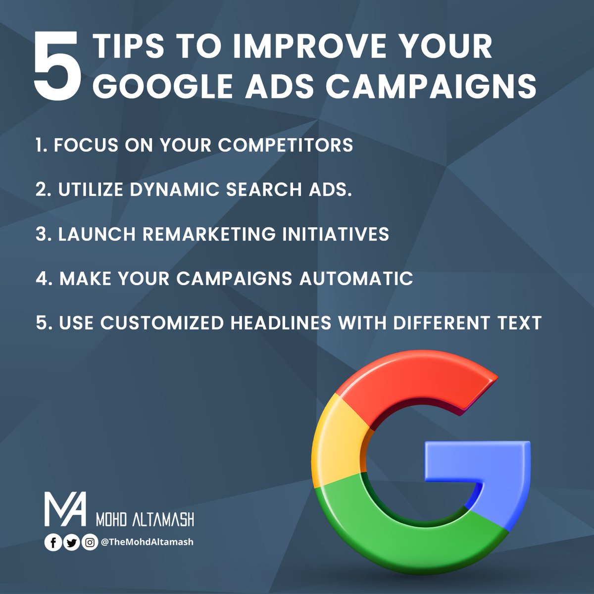 5 Tips to Improve Your Google Ads Campaigns

#altamash #googleadwords #googleadstips #googleadscampaign #googleads #googleadsexpert #googleadsmarketing #paidcampaigns