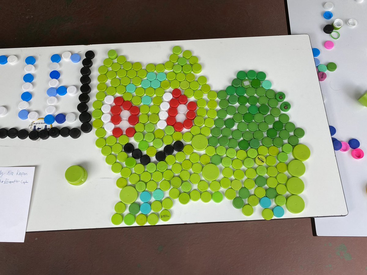 Today’s Community Service focus was REUSE. Students have been collecting bottle tops and started designing sections of our up-coming mural. Amazing work! #ReduceReuseRecycle