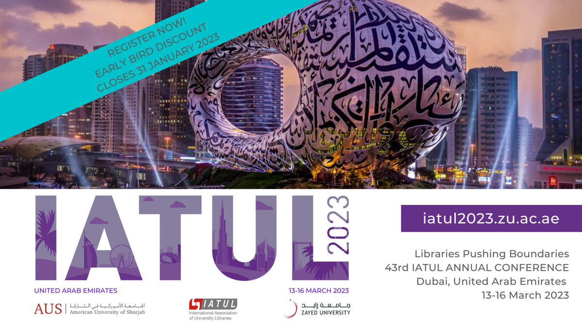 The #IATUL2023 promises to be very insightful with local &amp; international speakers covering many topics surrounding #libraries and how they impact today’s society. 

FMI: iatul2023.zu.ac.ae
 
The early bird gets the worm - register before 31 Jan! bit.ly/3D178We

#UAE