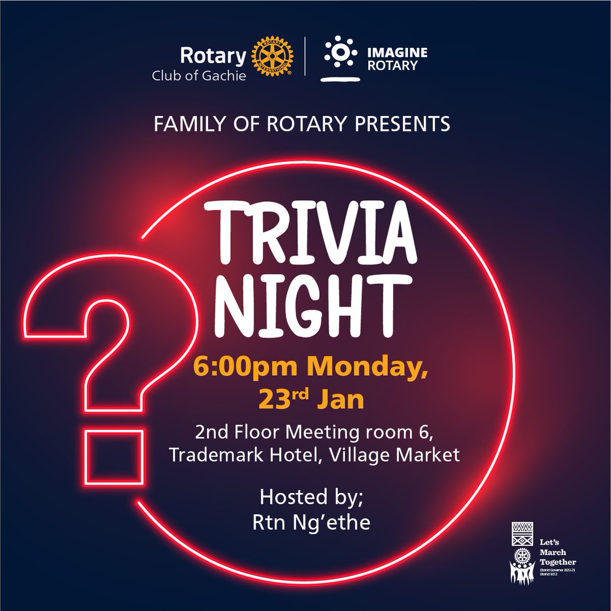 RotaryGachie's tweet photo. Calling all trivia buffs! Join us on Monday, 23rd from  6:00pm at Trademark Hotel, Village market for an evening of fun and knowledge. Test your skills and learn new things with our engaging host Rtn Ng'ethe. Grab your friends and let's see who comes out on top!
#rotaryconnects https://t.co/4ByuPMMibj