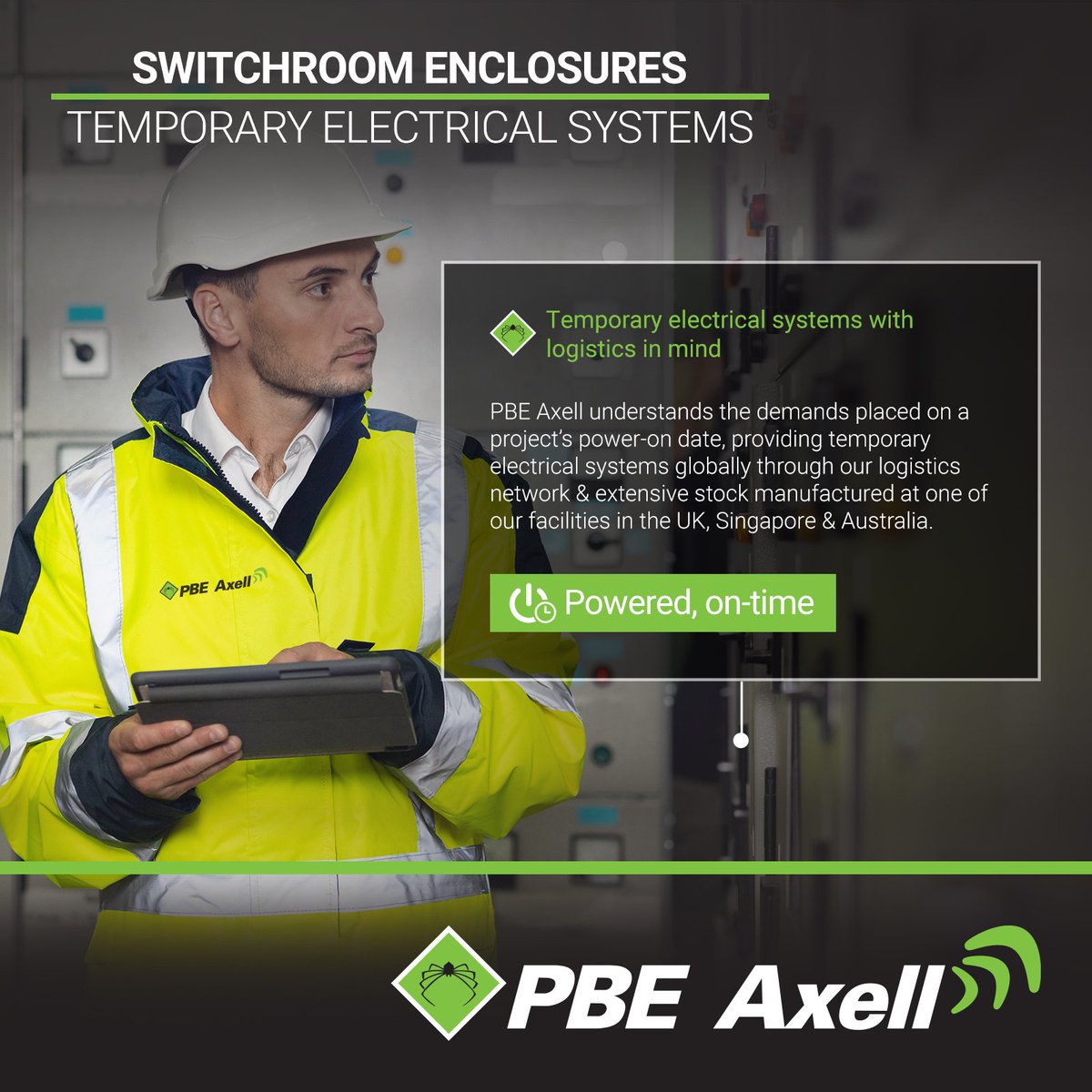 AxellPbe's tweet photo. #Power is fundamental to kick-start many early #project operations, PBE Axell provides bespoke temporary #electrical systems including #Switchroom Enclosures to ensure your project's power-on date is met
#InfraTech2023 https://t.co/hsldpHoZdn