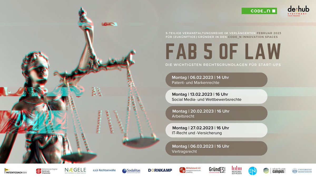 👨‍⚖️⚖️ Wie du als #Startup nicht verklagt wirst? Am 6.2. startet die 5-teilige Veranstaltungsreihe #Fab5ofLaw, die dir hilft, bevor es dazu kommt! 😉 Immer montags... “ ⏩📅 eventbrite.de/cc/fab-5-of-la… #patentrecht #socialmedia #arbeitsrecht #it #vertragsrecht #stuttgart #events