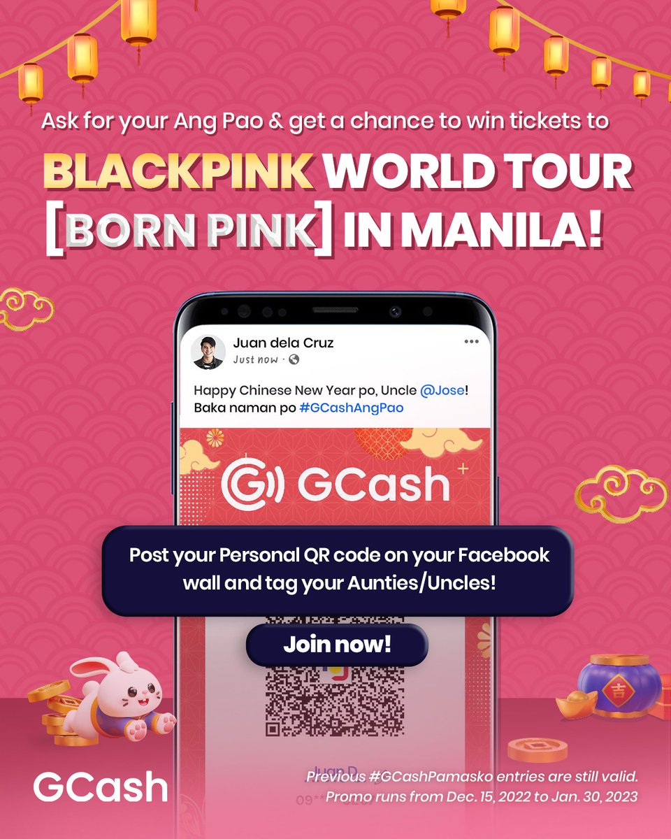 gcashofficial's tweet photo. Attention BLINKs! 🖤💗
Get a chance to win tickets to the BLACKPINK WORLD TOUR [BORN PINK] IN MANILA! Post your GCash QR code and tag your Uncle &amp; Auntie with the hashtag #GCashAngPao! Make sure your Facebook post is set on public!

Previous #GCashPamasko posts are still counted. https://t.co/fhsKulTRGG