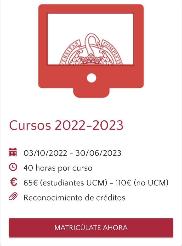 Además, se adaptan perfectamente a las necesidades del alumno:
-Los haces a tu ritmo 🗓️
-La matriculación es rápida y sencilla 📌
-Hay descuentos por ser estudiantes de la UCM 💰
