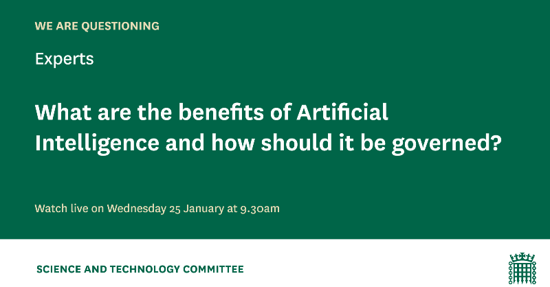 CommonsSITC's tweet photo. Next Wednesday at 9.30am we are holding the first session of our inquiry into the Governance of artificial intelligence (AI). We will hear from @techUK @jivaAI @Michael05156007 @maosbot on AI use, its benefits &amp; how it should be regulated.

More Details:

https://t.co/u1ss5H5Oc7