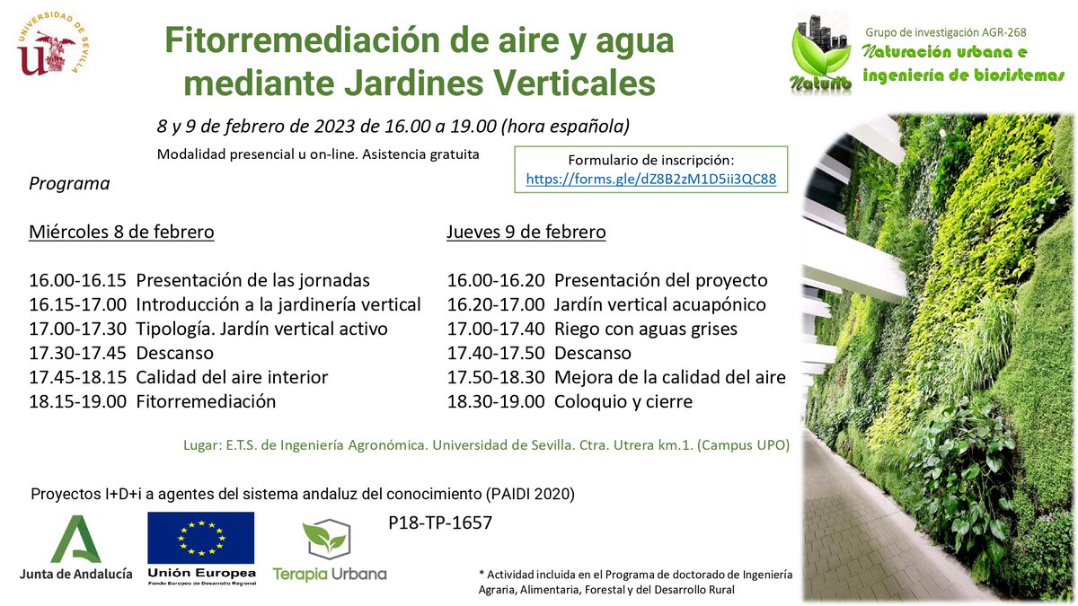 InvestigaUS's tweet photo. La @ETSIASevilla de la @unisevilla  acoge unas jornadas sobre los resultados del proyecto 'Fitorremediación de aire y agua mediante Jardines Verticales'

https://t.co/vcvPO9Jf3g https://t.co/QQ9H4QhIbf