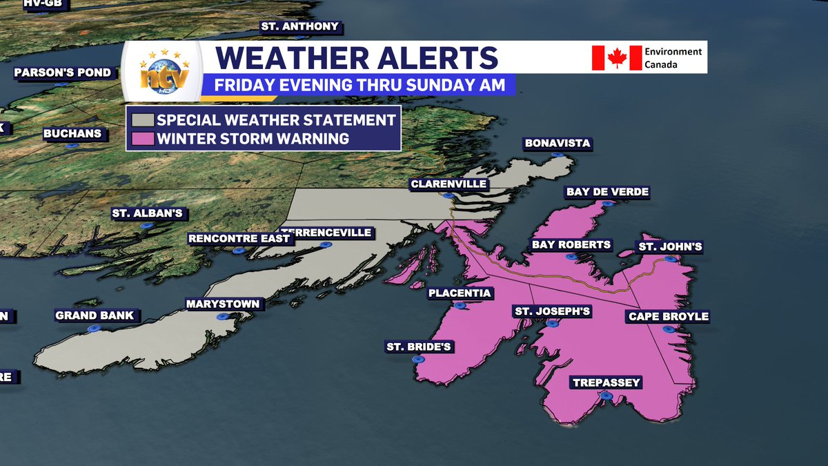 The Winter Storm Watch has been upgraded to a Winter Storm Warning on the Avalon, while the Burin and Bonavista Peninsulas, along with Clarenville, are now under a Special Weather Statement. 

Alerts come from <a href="/ECCCWeatherNL/">ECCC Weather Newfoundland and Labrador</a> 

#nlwx