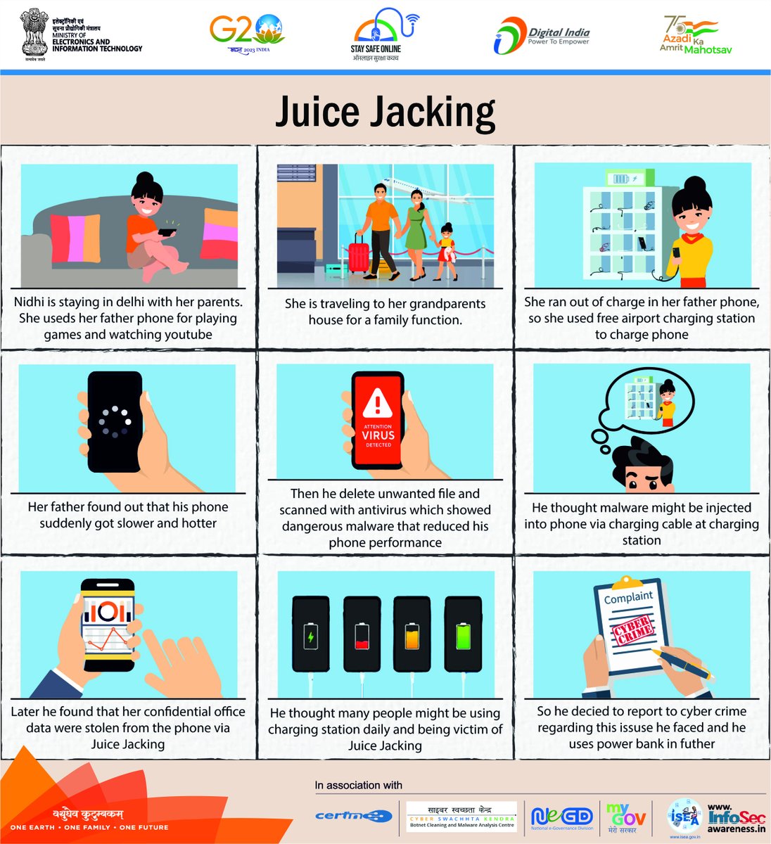 InfoSecAwa's tweet image. #StaySafeOnline #infosecawareness
 Beware about Juice Jacking #storyboard #juicejacking 
 #BeSafe #StaySafe #G20India #SSOIndia #MyGov #MeitY
Follow for more tips...