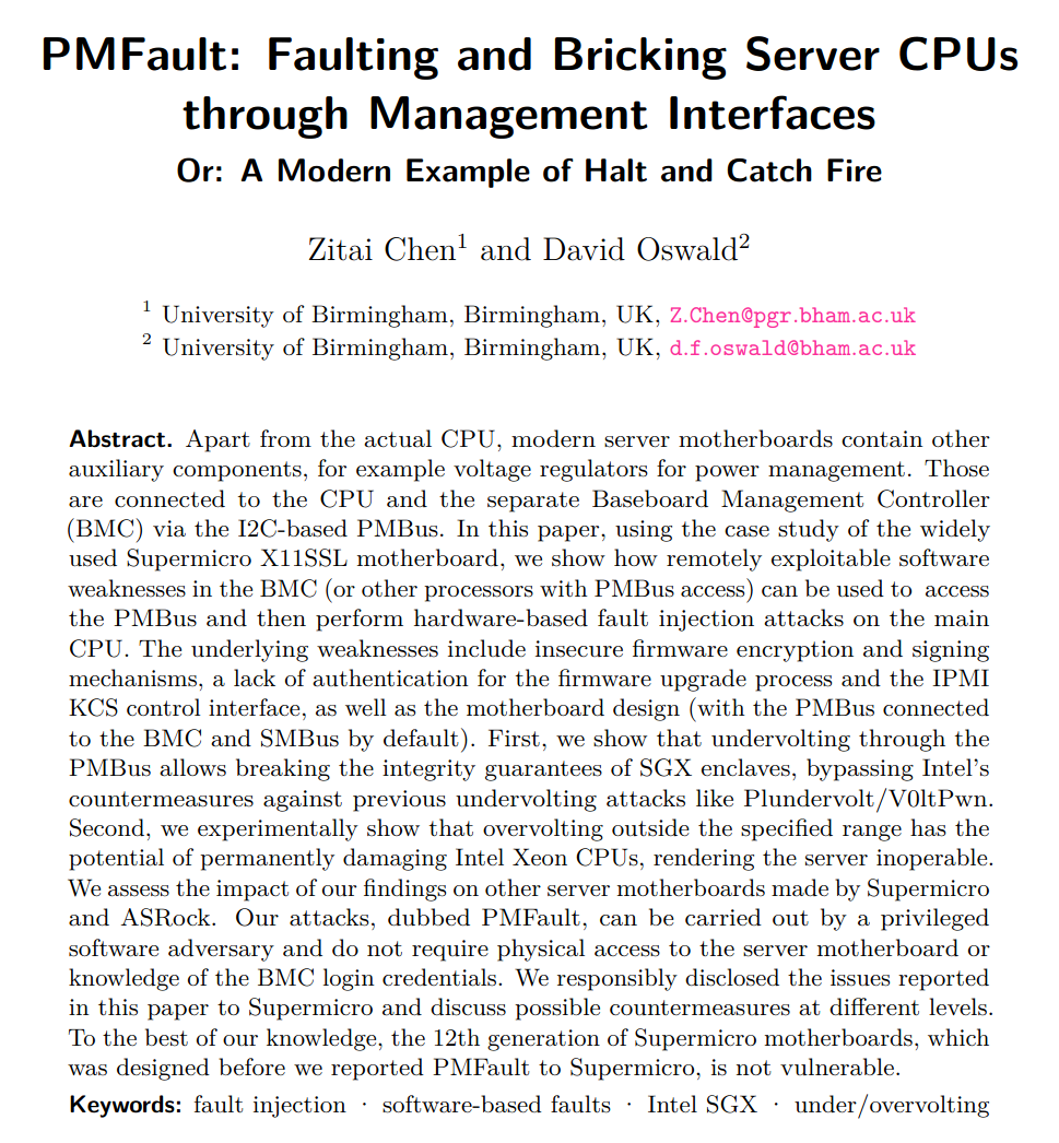 mjos_crypto's tweet photo. The PMFault paper was just accepted to CHES 2023. There's a lot of stuff here, but one attack literally burns the CPU.. (potentially remote!) 
"..we were satisfied after successfully destroying two CPUs and decided to not perform further experiments."
https://t.co/0bIVVhaKRO https://t.co/lacl9uxYc9