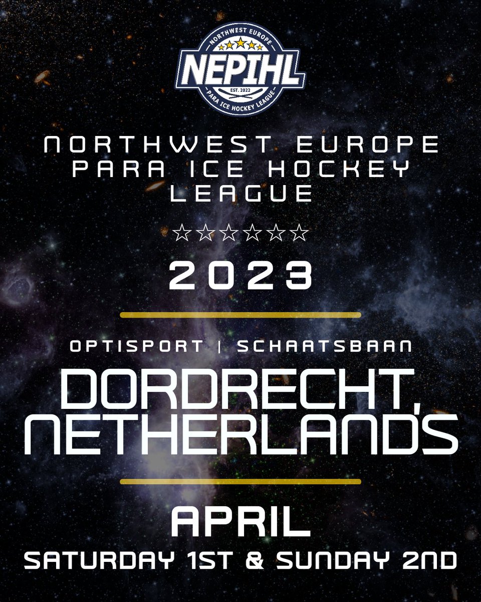 We head to Dordrecht in the Netherlands for the 2023 Northwest Europe Para Ice Hockey League tournament! 🏒 

The teams and times will be announced soon so watch this space!

#NEPIHL #ParaIceHockey 
#Dordrecht