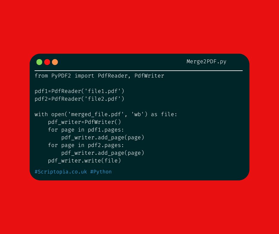Scriptopia__'s tweet photo. Python PyPDF2 - Merge PDF files - Find out more at https://t.co/whVH6AKSeW
#coding #tutorial #pythonforbeginners #development #programming #python #learning #learntocode #code #pythonprogramming #pdf #pythontutorial #python2 #education https://t.co/8ZORk8rg0O